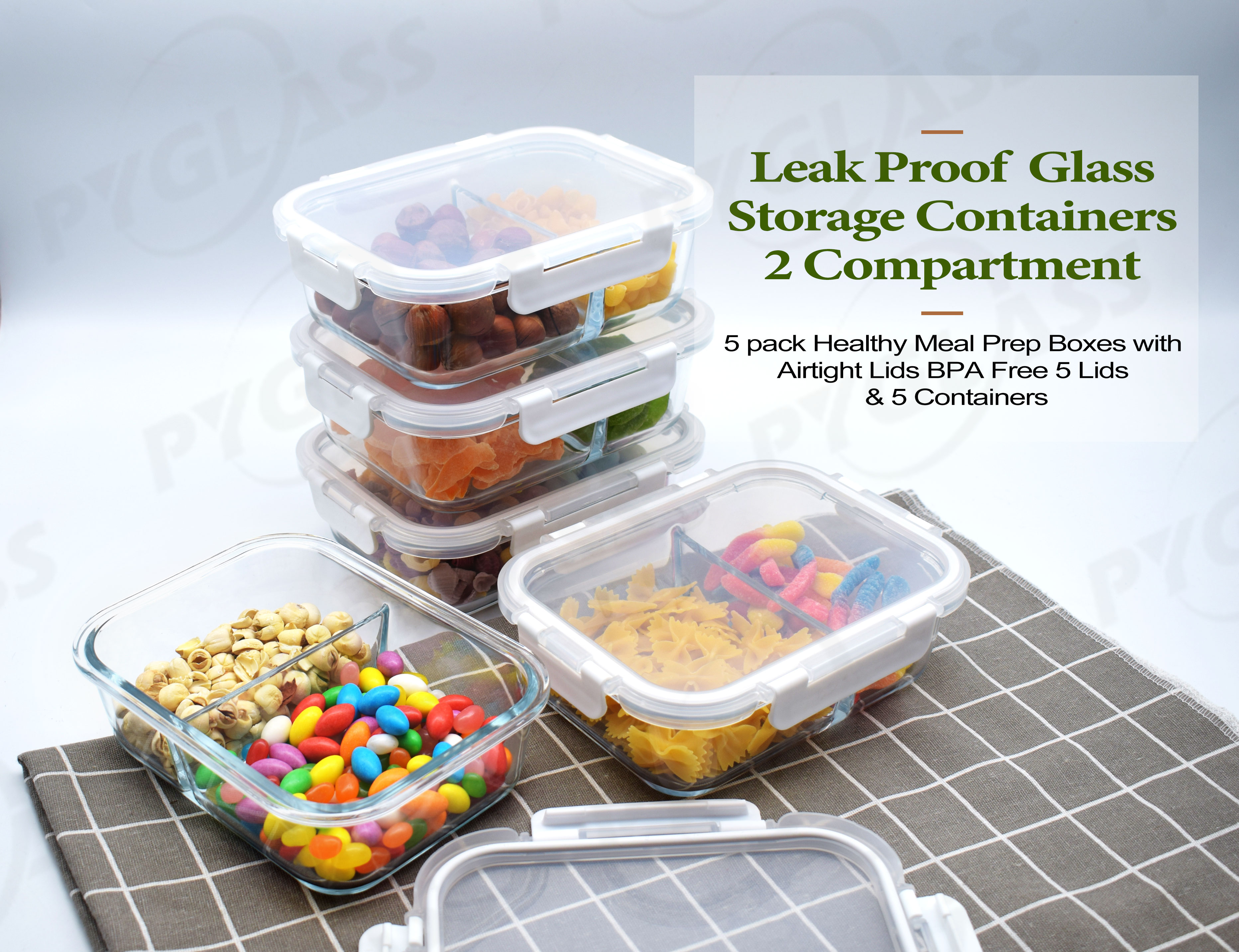 High Borosilicate Glass Storage Food Container with 2 Compartments